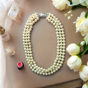 Vintage Carolee 3 Strand Faux Pearl Necklace Choker Signed
